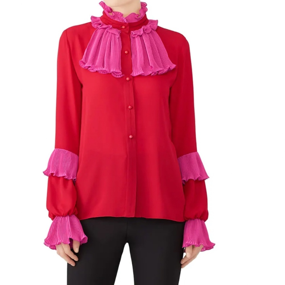 Anna Sui Georgette Medley Red Ruffle Blouse Size 10